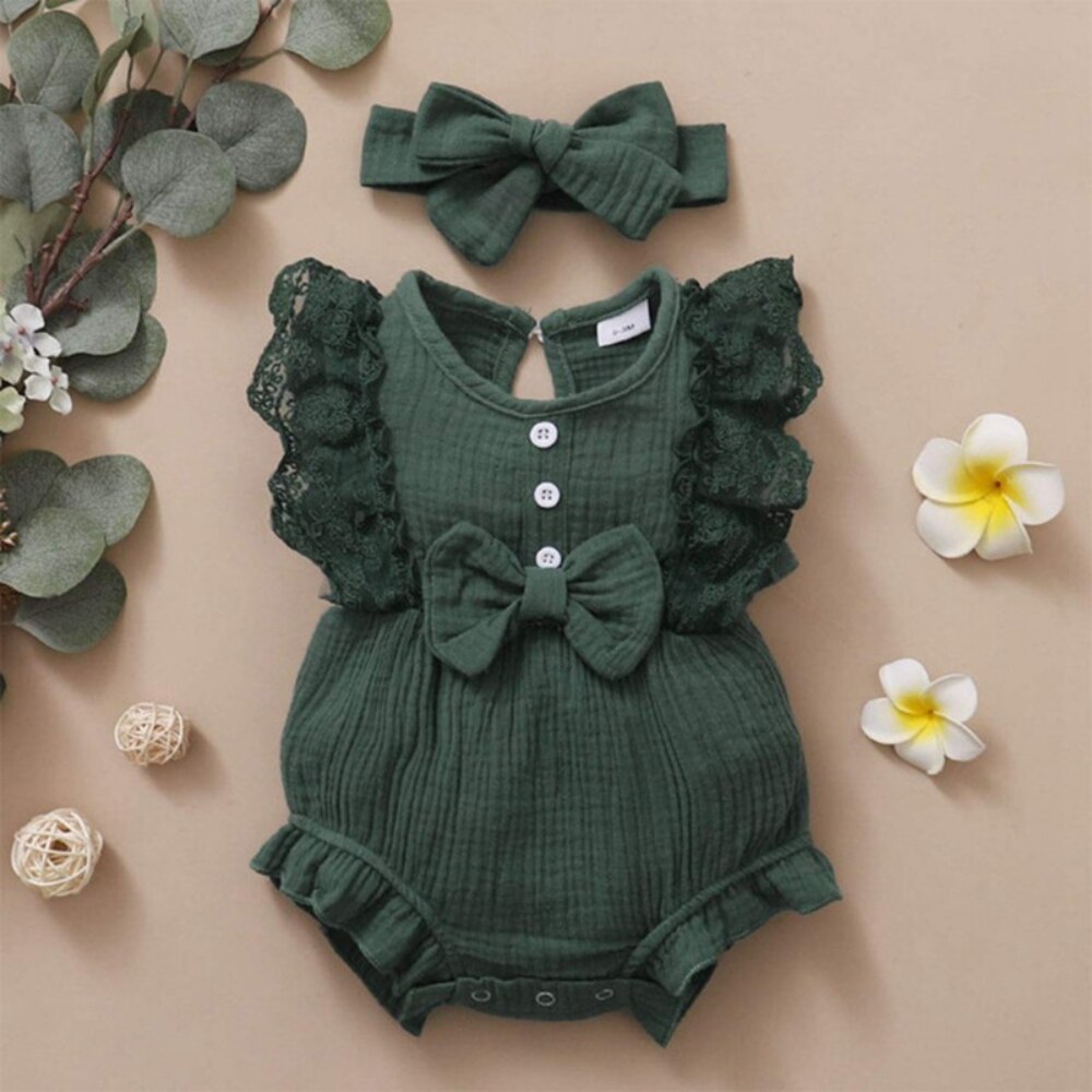 Baywell – body à volants en dentelle pour bébés filles, joli nœud papillon + bandeau en coton et lin, combinaisons sans manches pour nourrissons, vêtements doux pour tout-petits