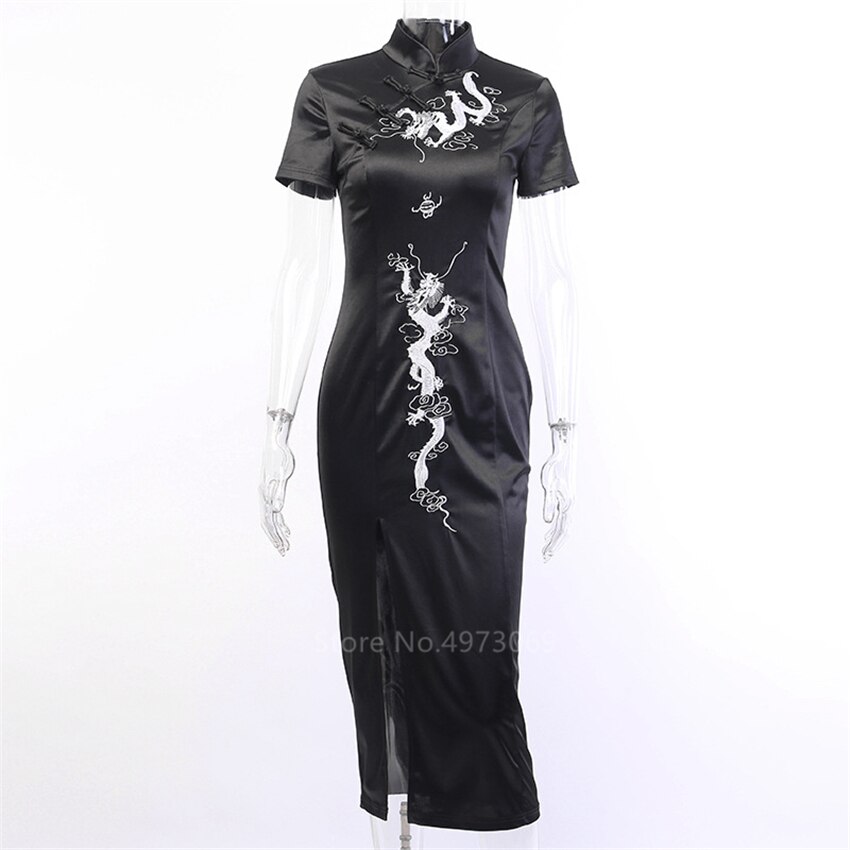 Kinesisk kjole qipao emboridery dragon split satin cheongsam lang kjortel kort ærme traditionel kinesisk tøj til kvinder fest