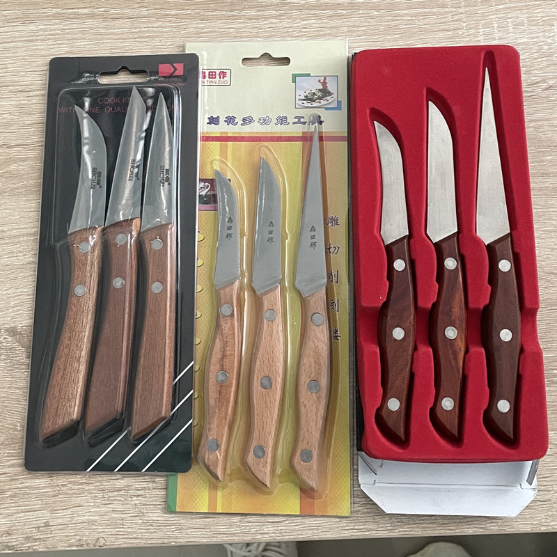 Goldbaking Kitchen Carving Knives 3 PCS Set Chef Sharp Well Food Fruit Platter Beech Wood Handle Paring Main Knife
