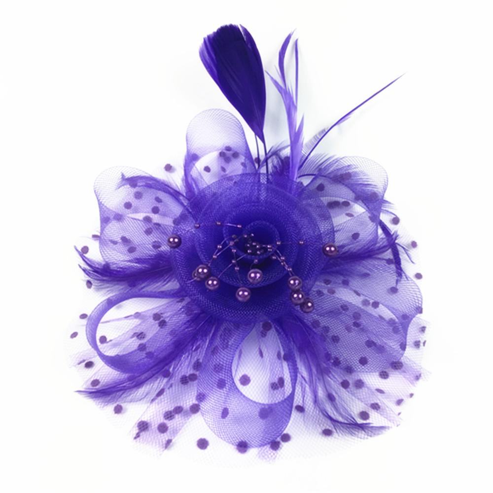 Vintage brude hatte fjer hovedbeklædning blomst fascinator stor gatsby brude hovedbeklædning til bryllupsfest elfenben hvid rød pink prom: Lilla
