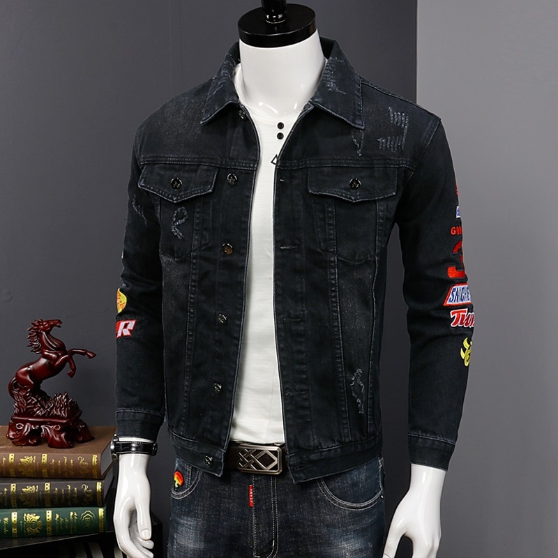 Men Casual Black Denim Jacket Streetwear Letter Embroidery Outerwear Cotton Back Ripped Pilot Coat