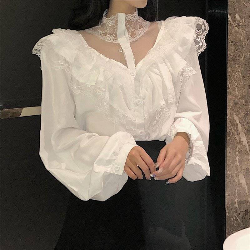 Heydress forår rullekravebluser kvinder blonder patchwork langærmede skjorter kvindelige solide vintage toppe koreanske blusas mujer