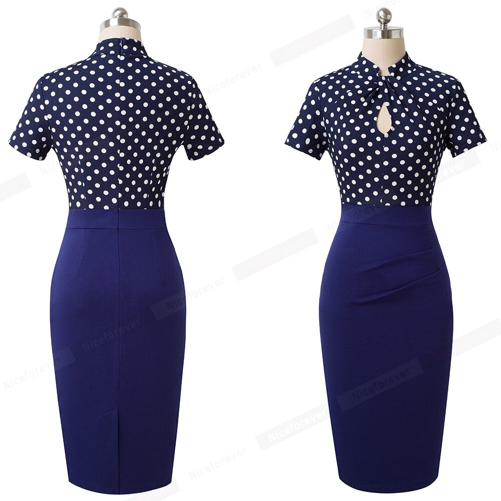 Nice-forever-vestido ceñido con estampado de lunares y flores para mujer, vestidos de oficina con nudo, vestido ajustado de negocios B430