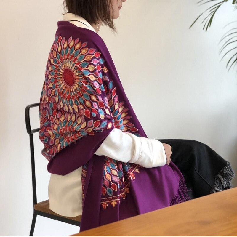 Vrouwen dikke kasjmier sjaals tibetaanse nepal zonnebloem sjaal borduurwerk kwast lange sjaal warme pashmina gebreide dames: 13