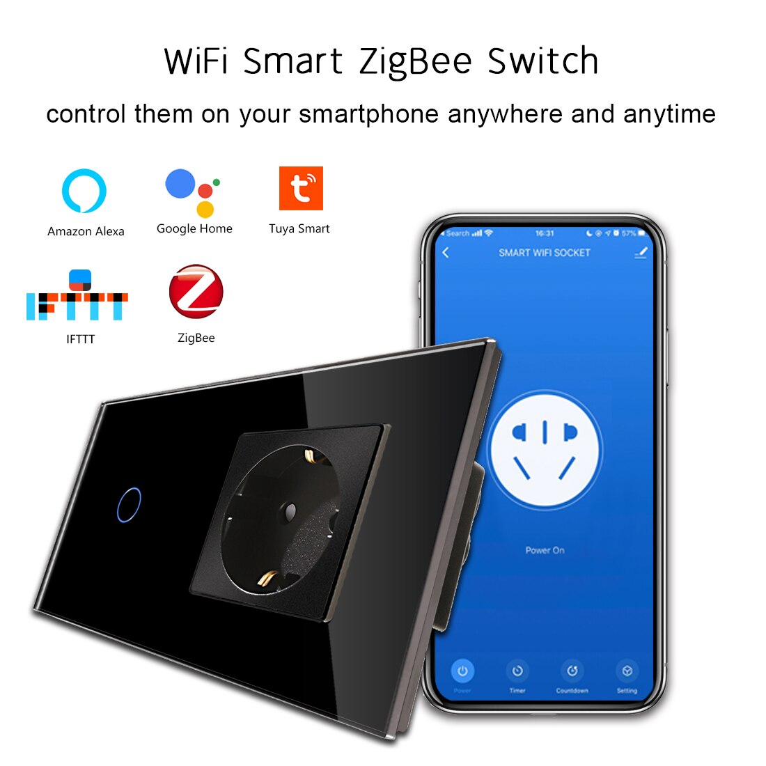 Bingoelec ZigBee Touch Switches 1/2/3Gang Smart Light Switch Google Alexa App Control with EU Standard Wall Socket