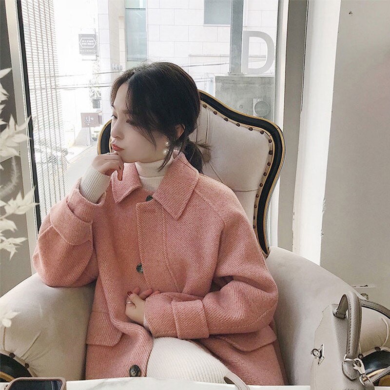 Herfst Winter Wollen Jas Vrouwen Slanke A-lijn Medium Lange Roze Koreaanse Stijl Roze Jassen Dames Elegante Turn Down Kraag bovenkleding