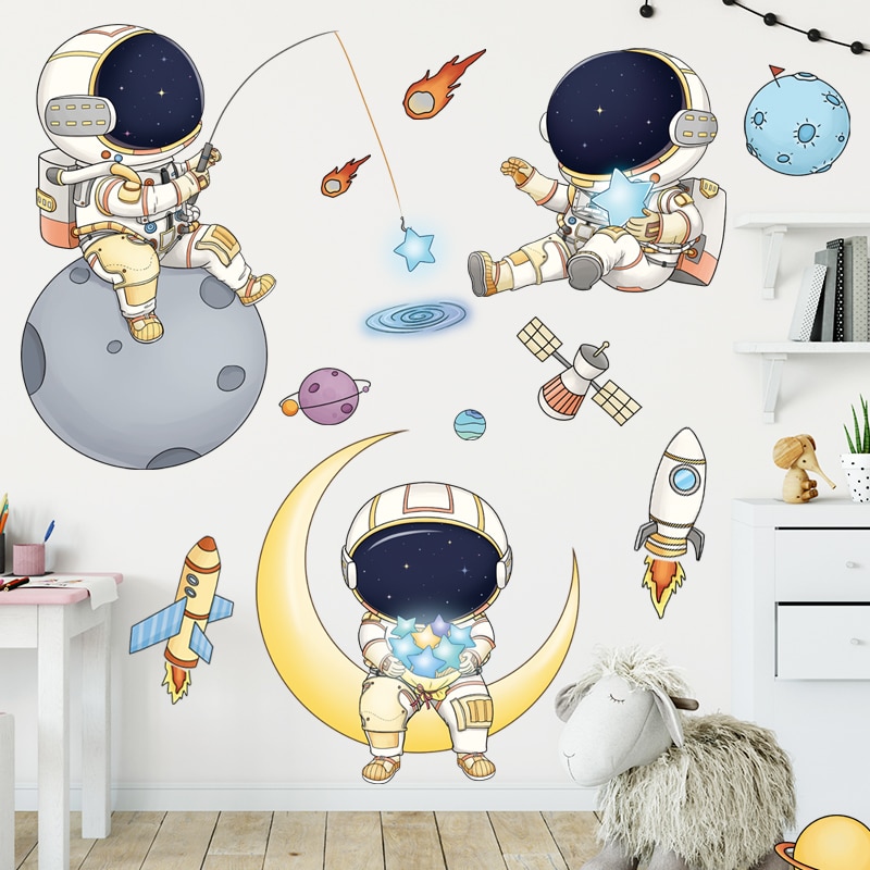 Verwijderbare Cartoon Ruimte Astronaut Muurstickers Voor Kinderkamer Decor Pvc Muurstickers Voor Babykamer Home Decoratie