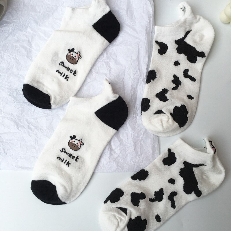 Calcetines con estampado de vaca para mujer, medias informales de algodón con dibujos de animales, negros, blancos y manchas, Kawaii, para verano, 2 pares: Default Title