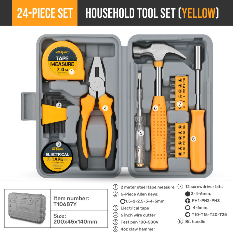 Juego de herramientas manuales de bricolaje compactas para el hogar y la oficina de alta especificaciones de 24 piezas para reparaciones de mejoras del hogar