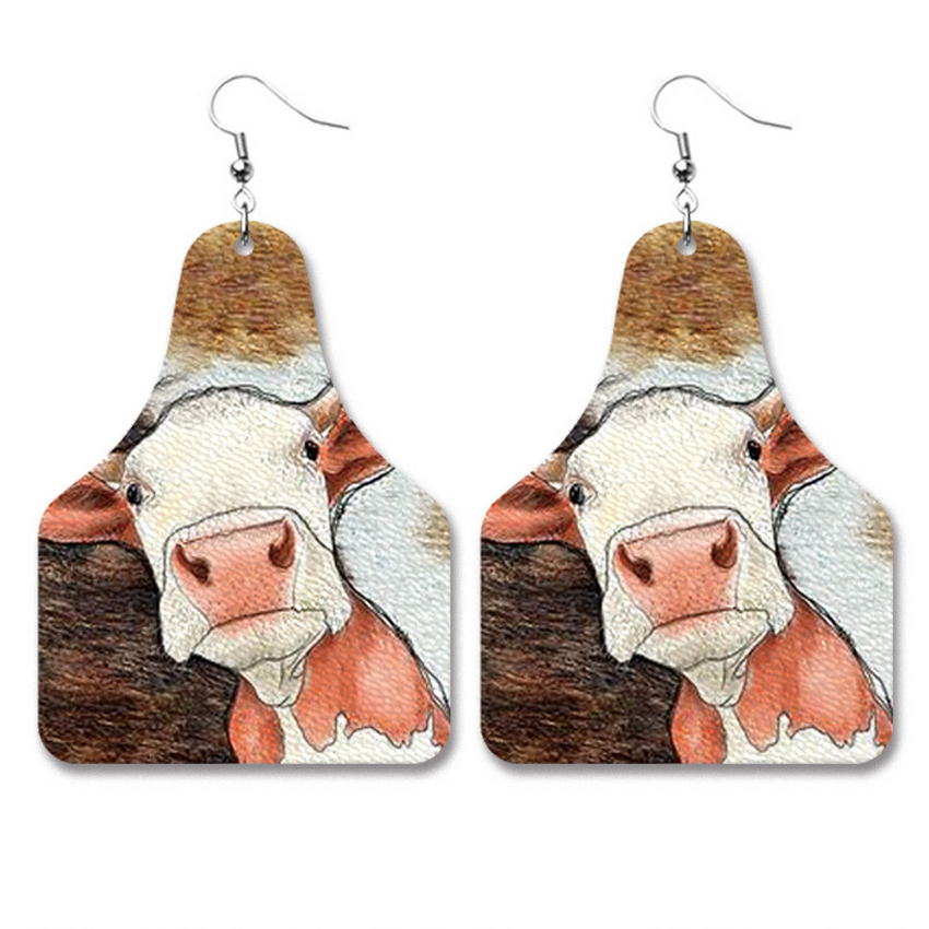 Pendientes con estampado de vaca para mujer, aretes de cuero PU con etiqueta de vaca, del Salvaje Oeste, vaquero, estilo Texas, joyería al por mayor,