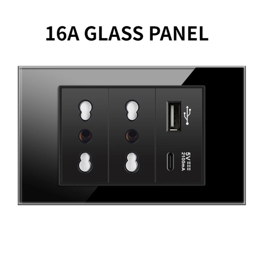 Italy Switch Wall Sockets USB Type-C Chile Plug 16A Chilean Outlets Italian EU Power Socket Tempered Glass Panel Home Office: Yellow