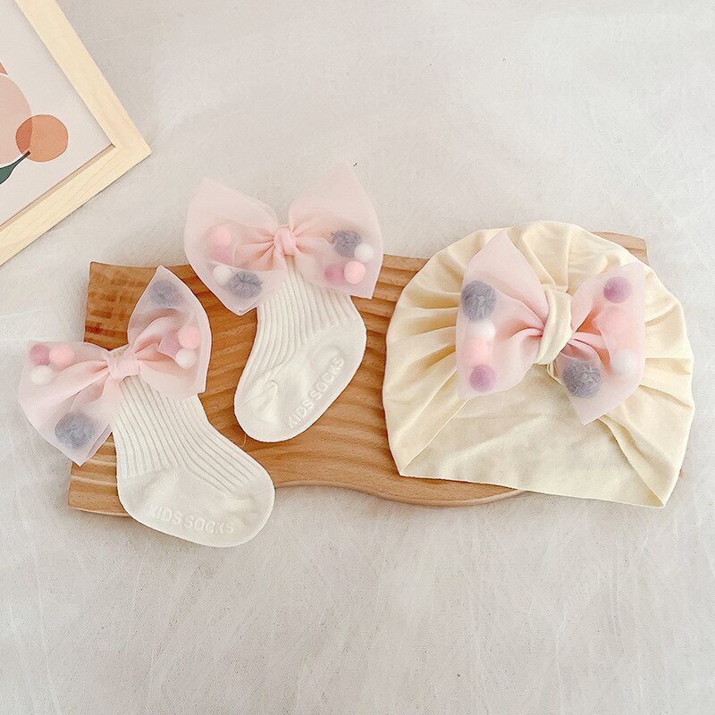 2 Stuks Baby Meisje Hoed Sokken Set Zomer Katoenen Sokken Voor Pasgeborenen Leuke Kant Boog Foetale Cap Baby Meisjes Douche Milamiya: 06