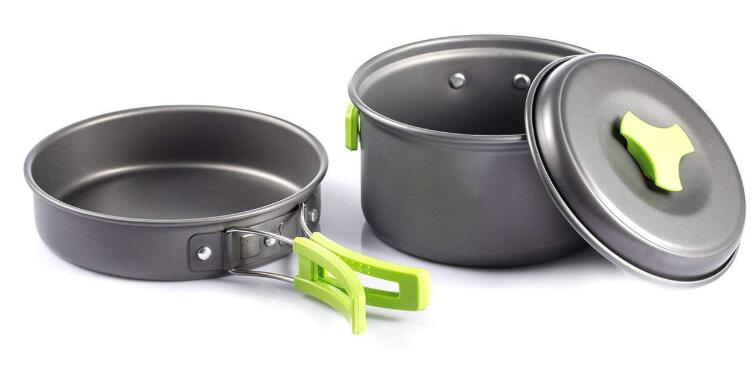 2-3 Persoon Outdoor Kookgerei Set DS200 Camping Koken Pot Pan Kom Spatel Set: green