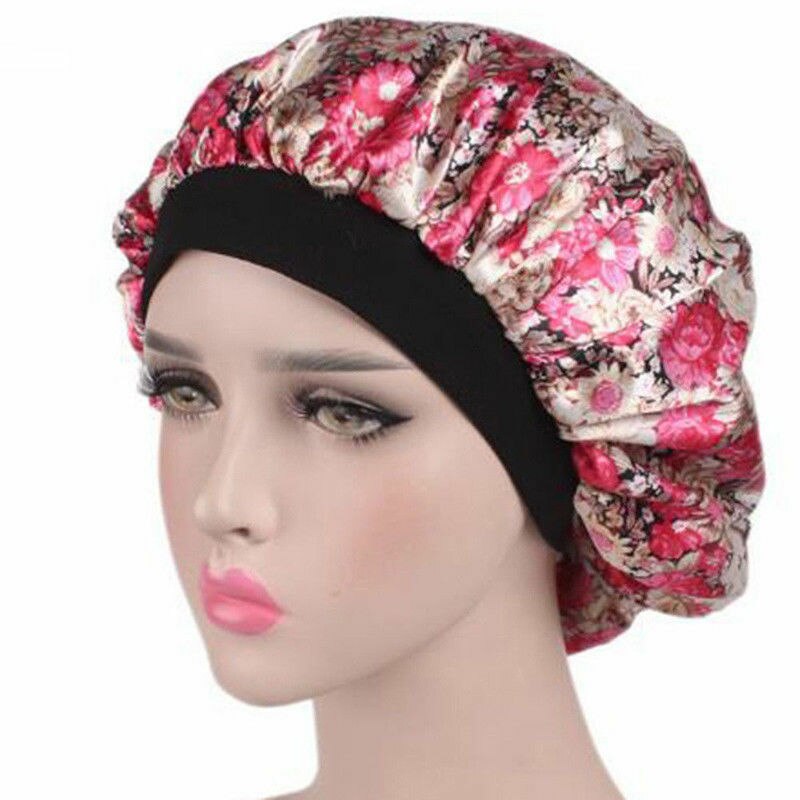 Women Satin Night Sleep Cap Hair Bonnet Hat Silk Head Cover Print Wide Elastic Band: 4