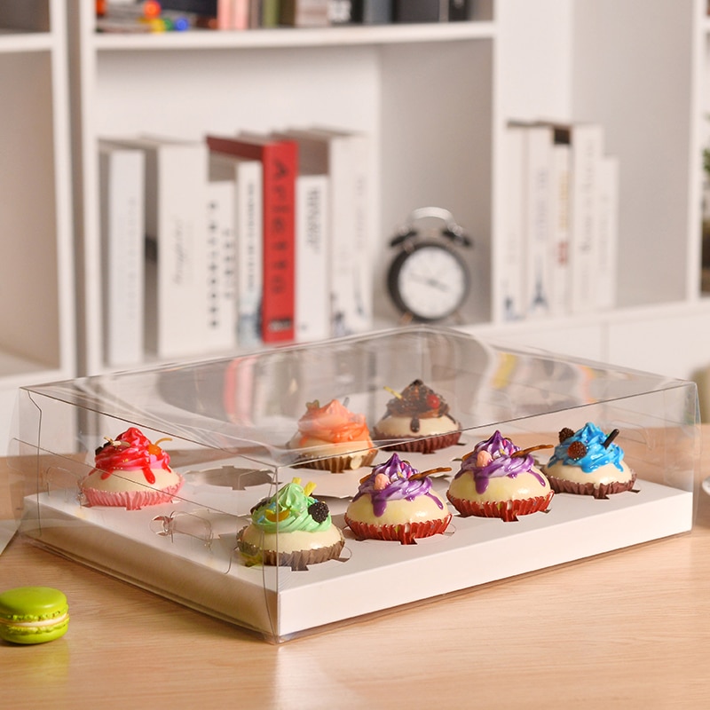 Scatola per Cupcake - 10 Set - Coperchio Trasparente - 2/4/6/12 Griglie - Contenitore in Plastica per Mini Muffin e Biscotti