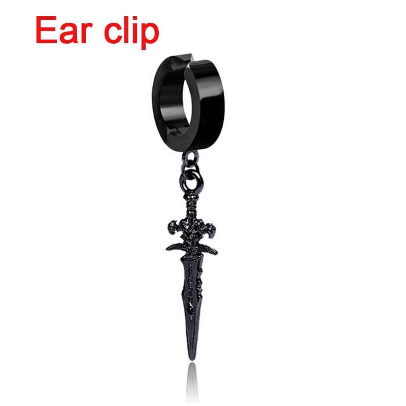 Pop Punk Zwaard Hanger Oor Clip/Gesp Oorbellen voor Mannen/Vrouwen Rvs Vintage Dolk Gothic Cool Party sieraden: black chrome