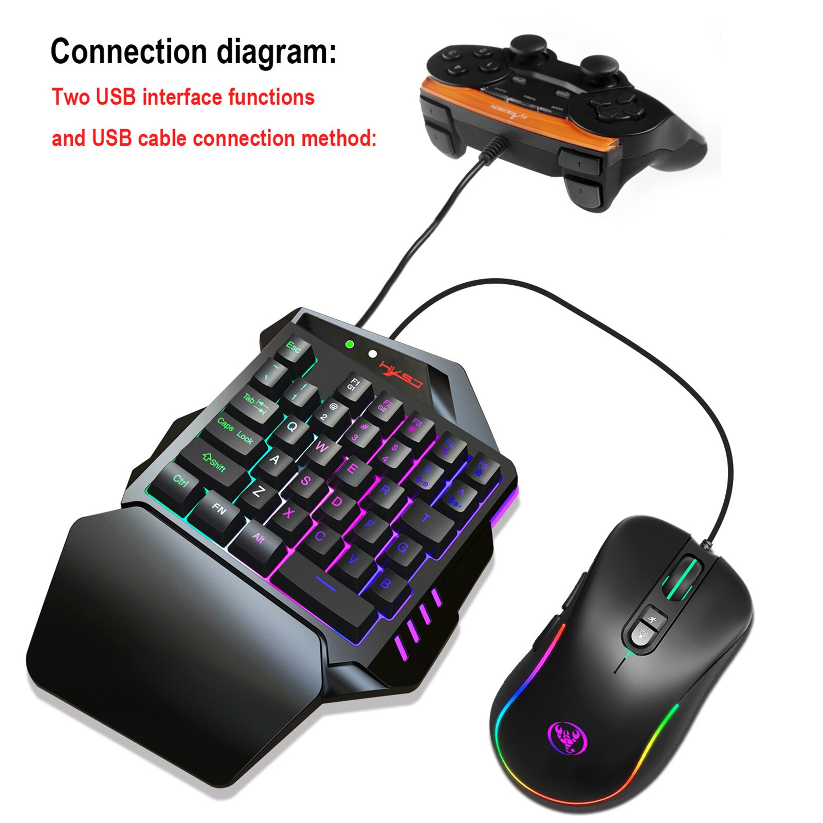 Gaming Mouse+One-handed Game Keyboard HXSJ J300+V500 Keyboard and Mouse Combo RGB Lighting Programmable