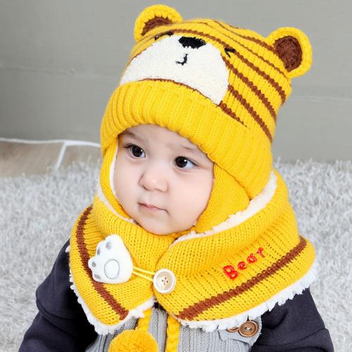 6M-34M Unisex invierno niños bebé niñas dibujo animado de oso para niños sombrero de punto a rayas gorro lana bufanda orejera mantener el conjunto para al aire libre: Amarillo