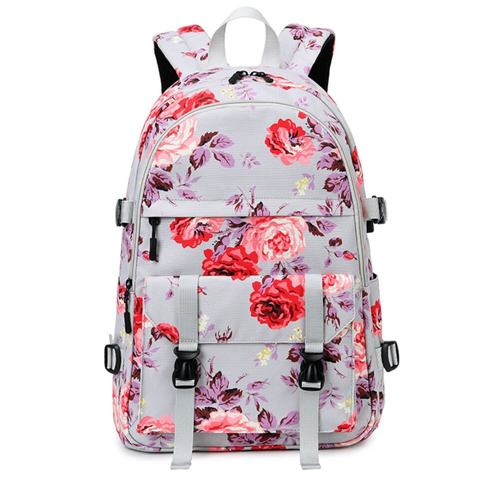 Bloemen laptop rugzak boekentas voor tieners college dagrugzak reistas waterafstotende middelbare schooltas rugzak voor meisjes vrouwen: Grijs