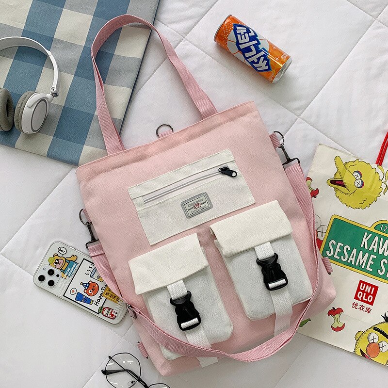 Student Backpack Book Bag Large-capacity Canvas School Class Female Bag Girls Canvas Shoulder Messenger Crossbody Bag: Pink