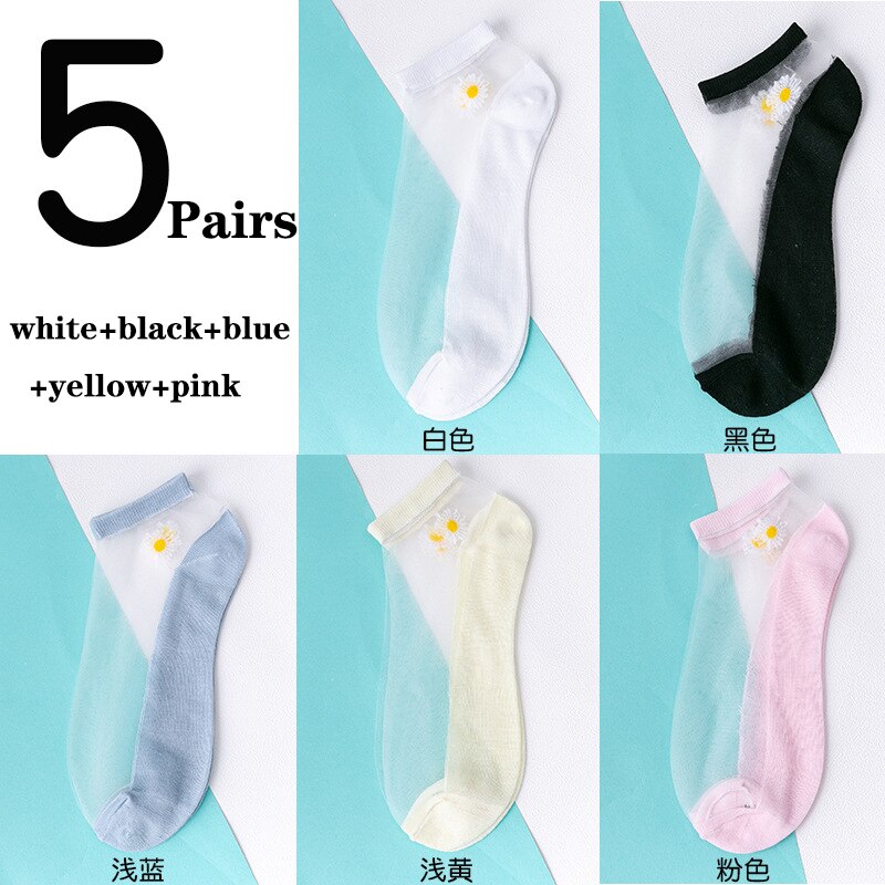5 par/parti damesokker til sommer ultratynde gennemsigtige silkestrømper af glasfiber daisy flower japan ankelsokker: Parti 4