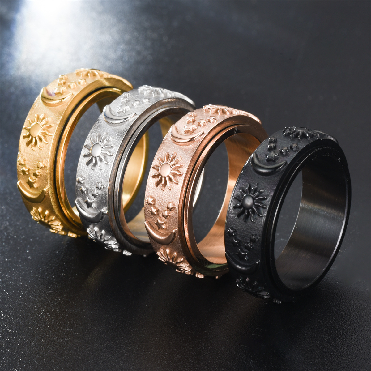 Anillo relajante bohemio con forma de estrella y Luna para hombre, Spinner giratorio de acero inoxidable, anillos antiestrés, joyería