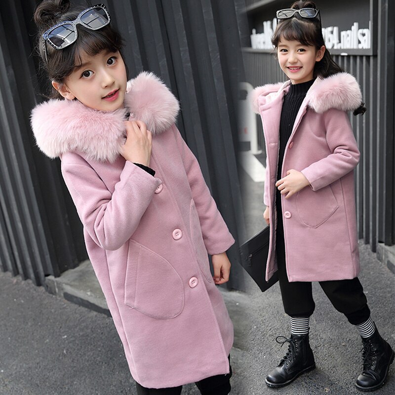 Meisjes wollen jas kinderen winterjas halflange bovenkleding warme wollen kleding capuchon windjack lange meisjes winterjas jas