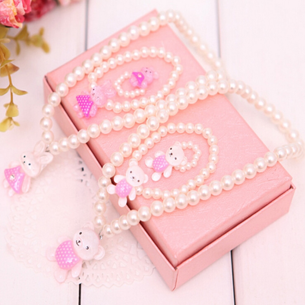 Bear Rabit Necklace Ring Bracelets For Kids Girls Children White Imitation Pearl Beads Jewelry Sets Send Randomly