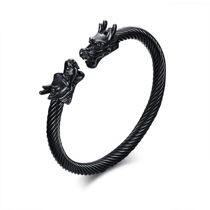 Naga Double Head Dragon Terminal Bracelet for Men Stainless Steel Twisted Cable Cuff Bangle Adjustable Elastic Male Jewelry: B-095BB-001