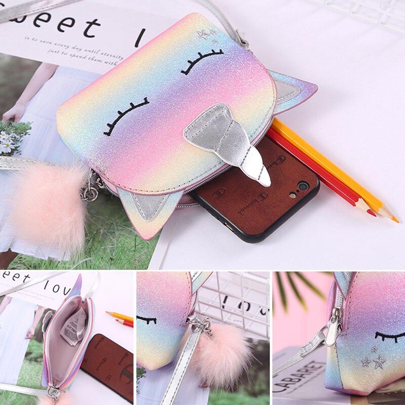 Eenhoorn Schoudertas Rainbow Sequin Leuke Cartoon Eenhoorn Schoudertas Flash Mini Meisjes Mode Reizen Afdrukken Schoudertassen Sac