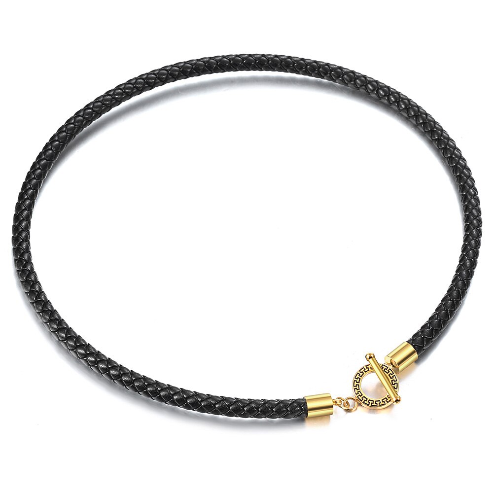 6mm Black Man-made Leather Necklace for Men Women Choker Gold Silver Color Stainless Steel Unique Toggle Clasp 18inch LTNL002