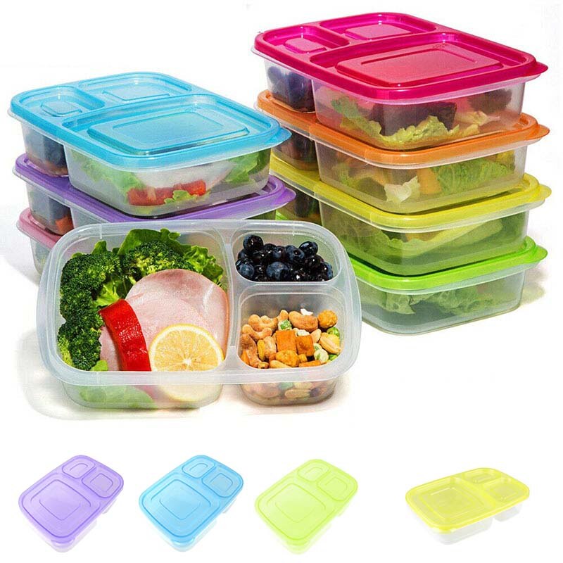 Plastic Food Fruit Picnic Storage Boxes 3-Compartment Lunch Box Set of 1-6 Meal Prep Containers Food Storage With Lids