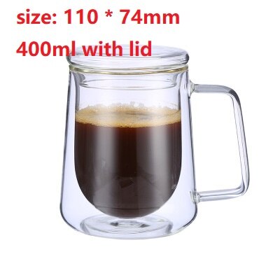 Varmebestandigt glas vandkop dobbelt lag krus med låg drik mælk kaffe juice kopper isoleret kop drikke flaske drikkevarer: E -400ml- med låg