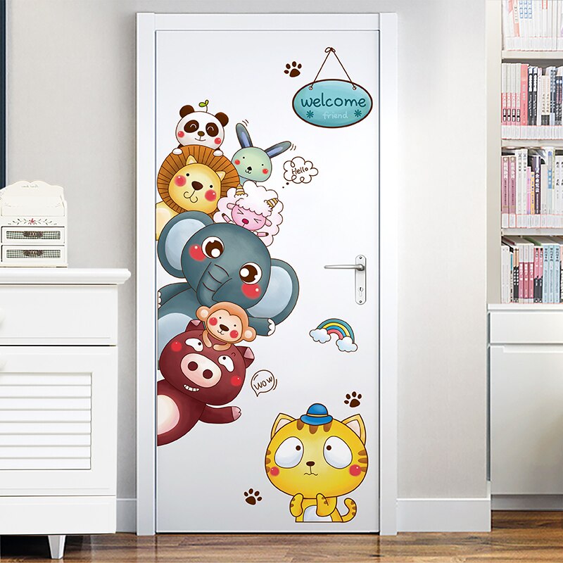 [shijuekongjian] cartoon dieren muurstickers diy deursticker voor kinderkamers, babykamer, babykamer, huisdecoratie accessoires
