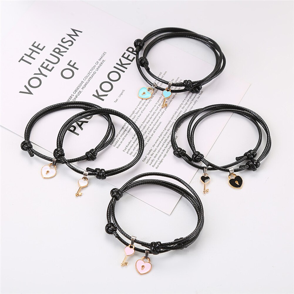 Couple Bracelet Alloy key Heart Lock Charm Bracelet Black Handmade Jewelry Rope Bracelet Lovers for Women