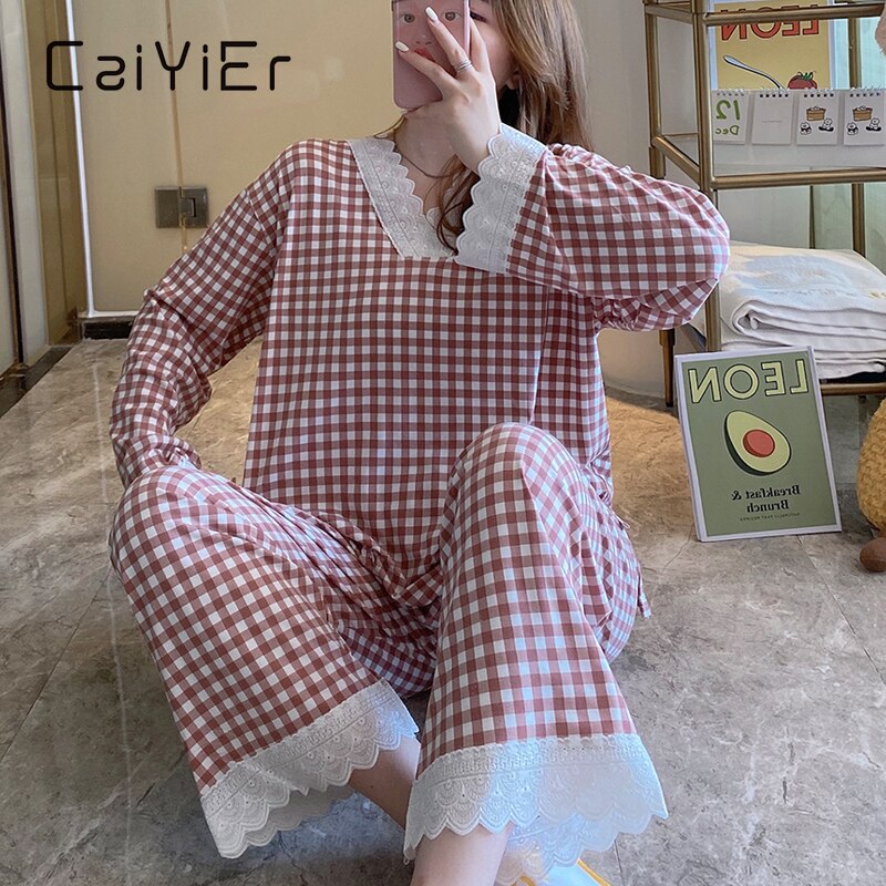 CAIYIER Women Grid Pajamas Set Princess Sweet Cute Sleepwear Sexy Lace Long Sleeve Pant V-Neck Loose Homewear 2Piece/Set