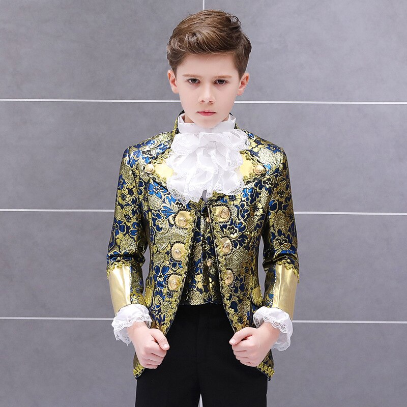 Vêtements de cour européenne rétro pour enfants, Costumes Prince charmant, tenue de soirée, de spectacle, de scène, de théâtre, veste et pantalon pour garçons: golden / 110