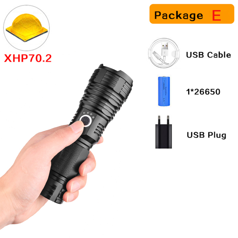 Super Bright XHP90 USB Rechargeable LED Flashlight Powerful Torch Waterproof XHP70 Light Use 18650 or 26650 Battery: Package E