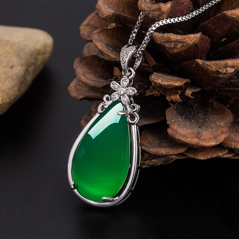 Natural Green Jade Chalcedony Water Pendant 925 Silver Necklace Chinese Carved Charm Jewelry Amulet for Women