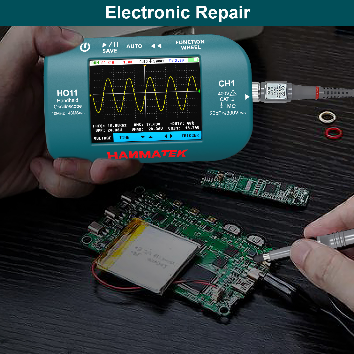 Hanmatek Handheld Digital Oscilloscope 10MhZ Bandwidth Display Sampling Rate Mini Oscilloscope Electronic Component Tester