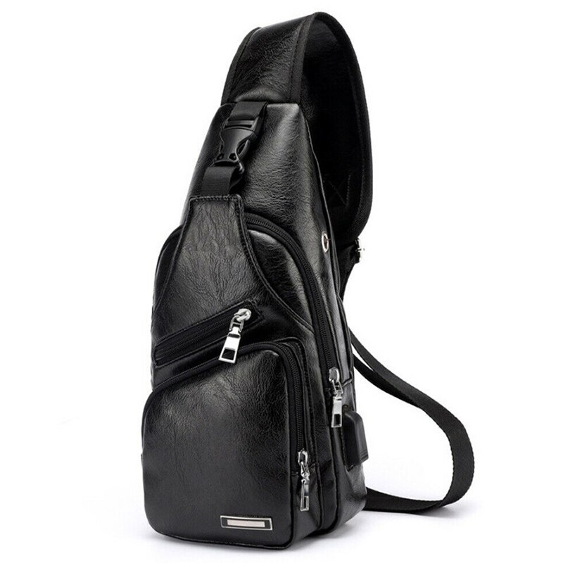 Bolso de pecho de piel auténtica para hombre, bandolera informal, a la , de gran capacidad, para negocios,: Negro