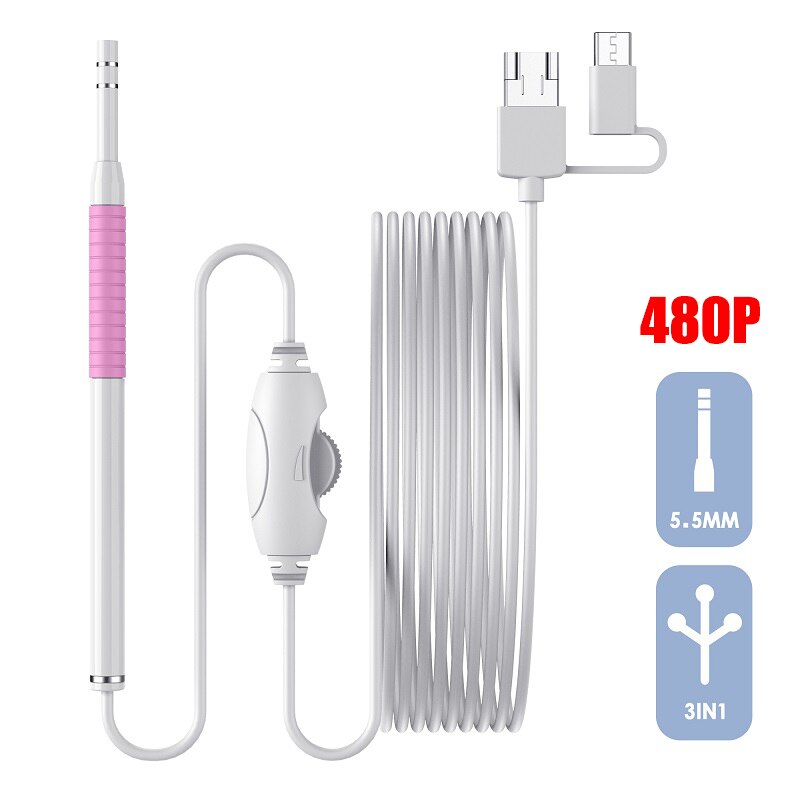 Ear Cleaning Endoscope Small 5.5mm 3 In1 Visual Ear Pick Cleaner Camera USB Ear Spoon Type C Ear Otoscope Borescope For Android: pink 480P