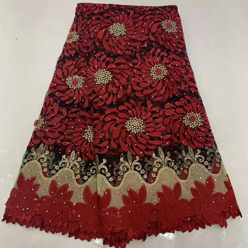 Mooie afrikaanse guipurekant zwitserse voile stof met stenen & kralen heavy kralen tissu broderie africain suisse voor feestjurk: DFYL0929B01