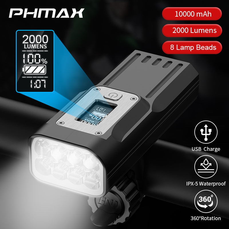 PHMAX Fahrrad Licht 2000 Lumen Scheinwerfer Regendicht Fahrrad Taschenlampe Vorderseite Lampe MTB Straße USB Ladung Rücklicht Fahrrad Laterne