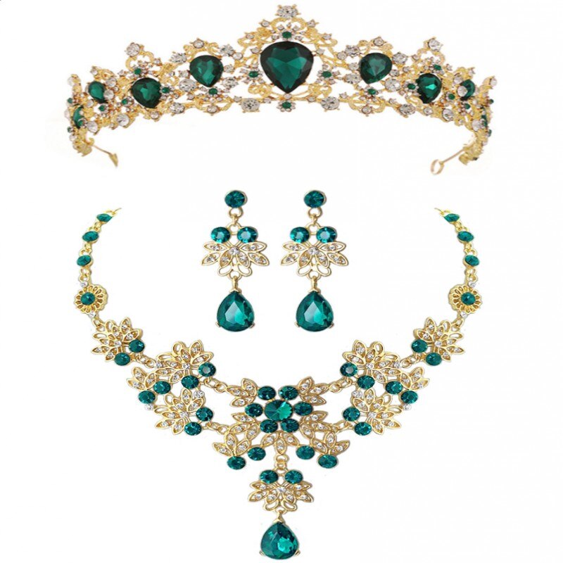 Barock vintage guld röd grön blå kristall brud smyckesset bröllop afrikanska pärlor smyckesset halsband örhängen tiara set: 3 st grönt set