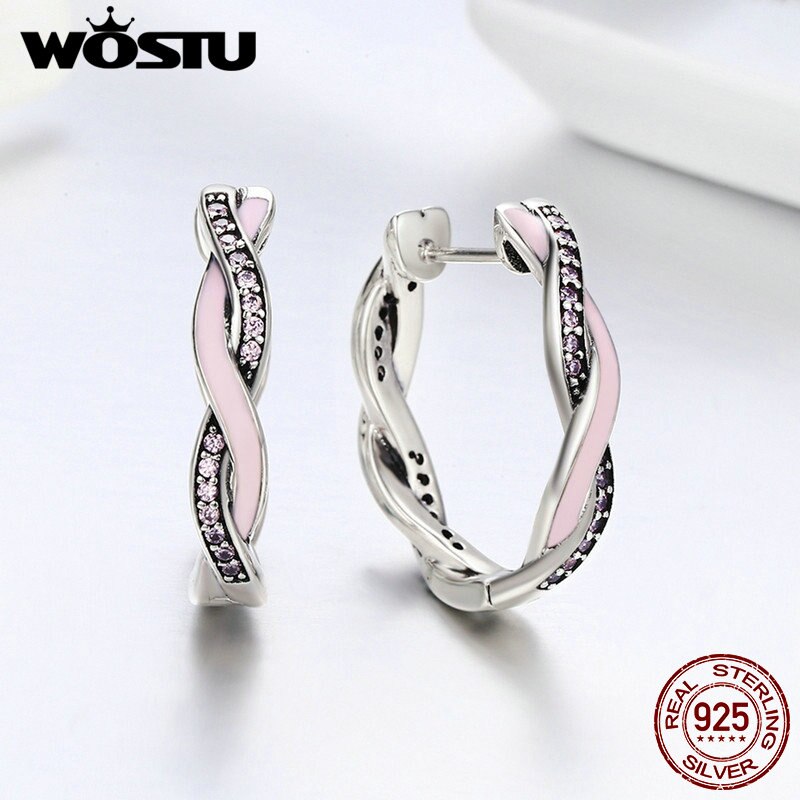 WOSTU Authentische 100% 925 Sterling Silber Rosa & klar CZ Twist Von Schicksal Band Ohrringe für Frauen Ohrringe Schmuck BKE297