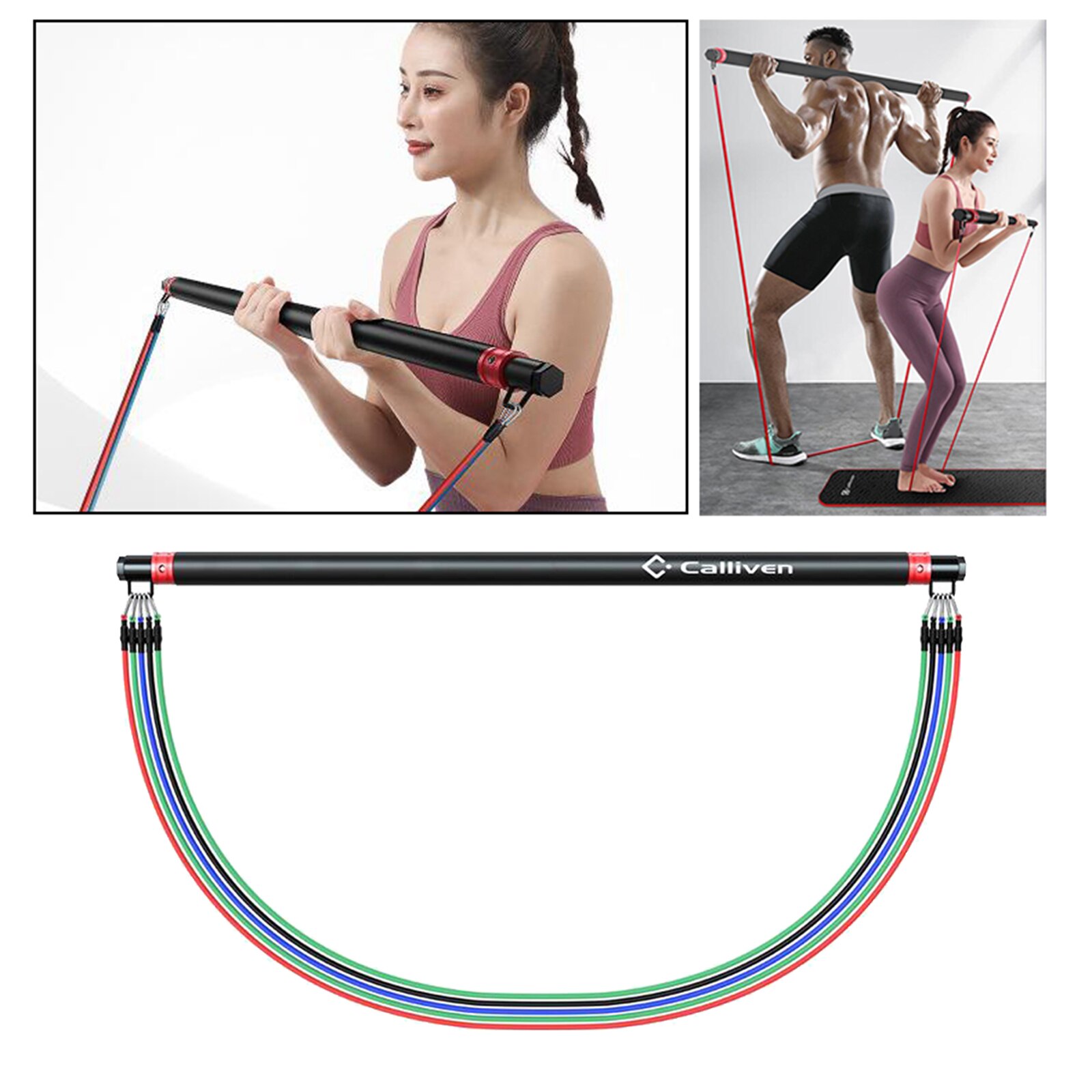 Pilates Bar Adjustable Resistance Bands W/ Foam Handle Door Anchor