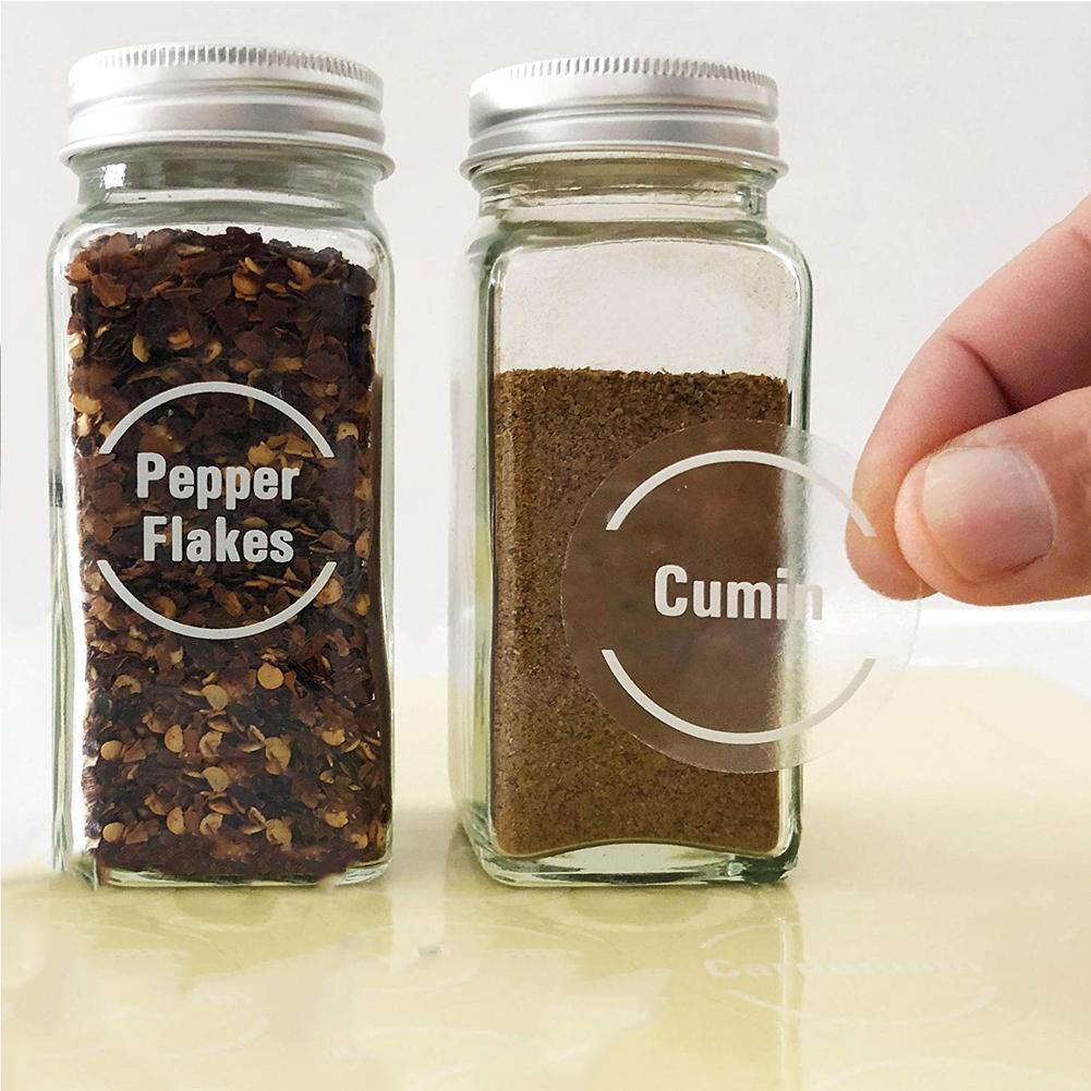 Transparent Spice Labels Preprinted Waterproof Black White Letter Kitchen Jars Stickers For Cans Self-Adhesive Labels Seasoning