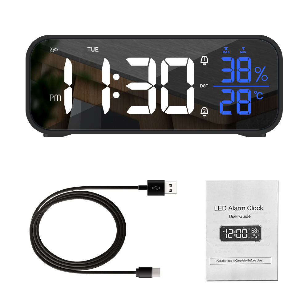 Snooze Table Clock USB Rechargeable Digital Clock with Voice Control Temperature Humidity LED Music Alarm Clock Multi-functional: Black