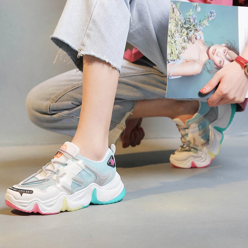 Zomer chunki dames sneakers dames platform sportschoenen wit groene sportschoenen dames hardloopschoenen dames sport walk d -440